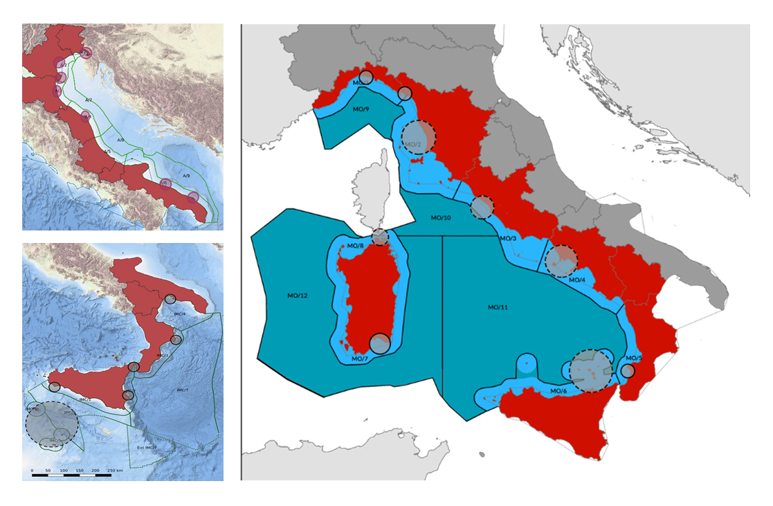 Identification of LSI hot-spots in the three maritime areas of the Italian MSP process (source: MSPMED project, presentation given in the 2nd workshop “LSI analysis for MSP”, 27 October 2020).